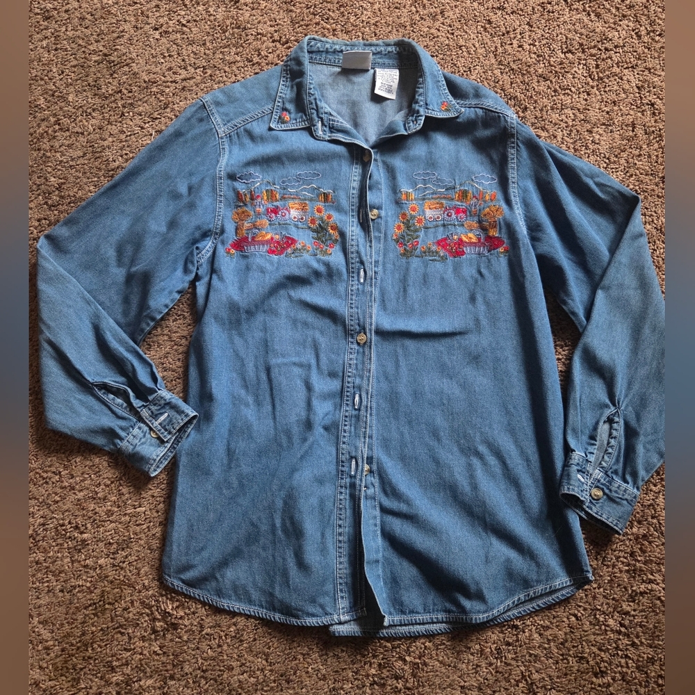 Bobbie Brooks Embroided Botton Denim Shirt Vintage
